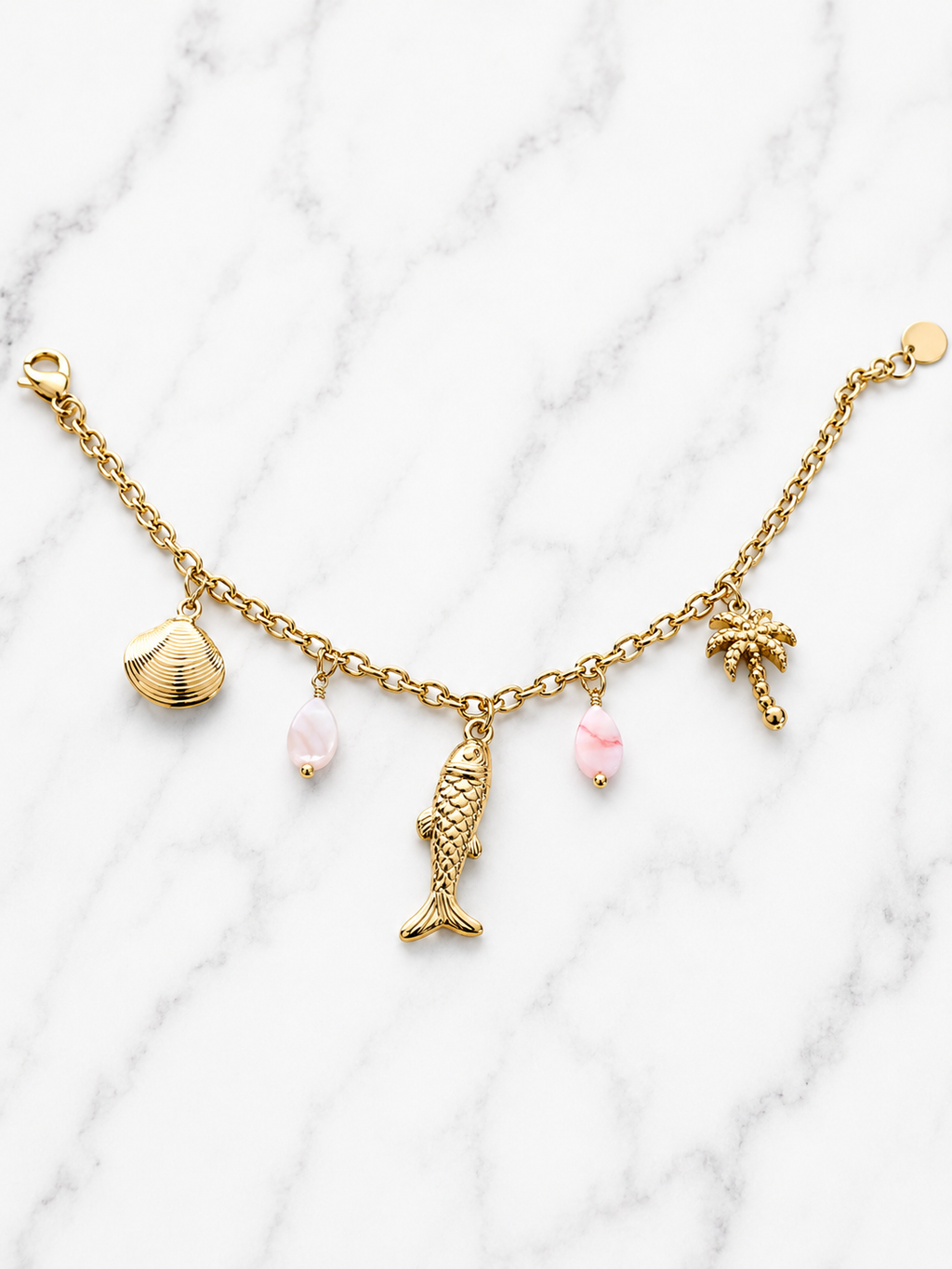 Bracelet doré charms marins palmier et pierres roses