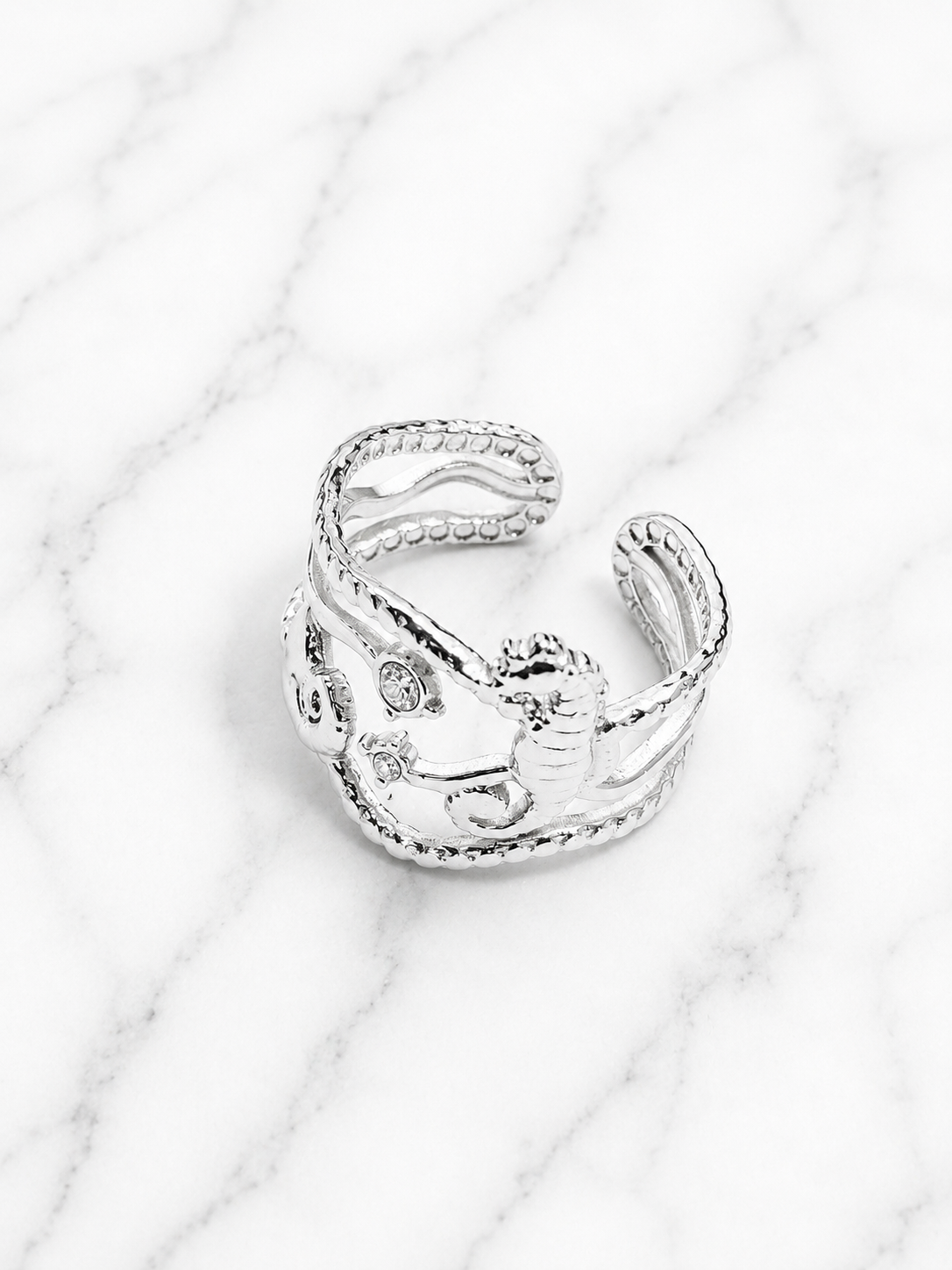Anello regolabile ippocampo e stelle marine argentato