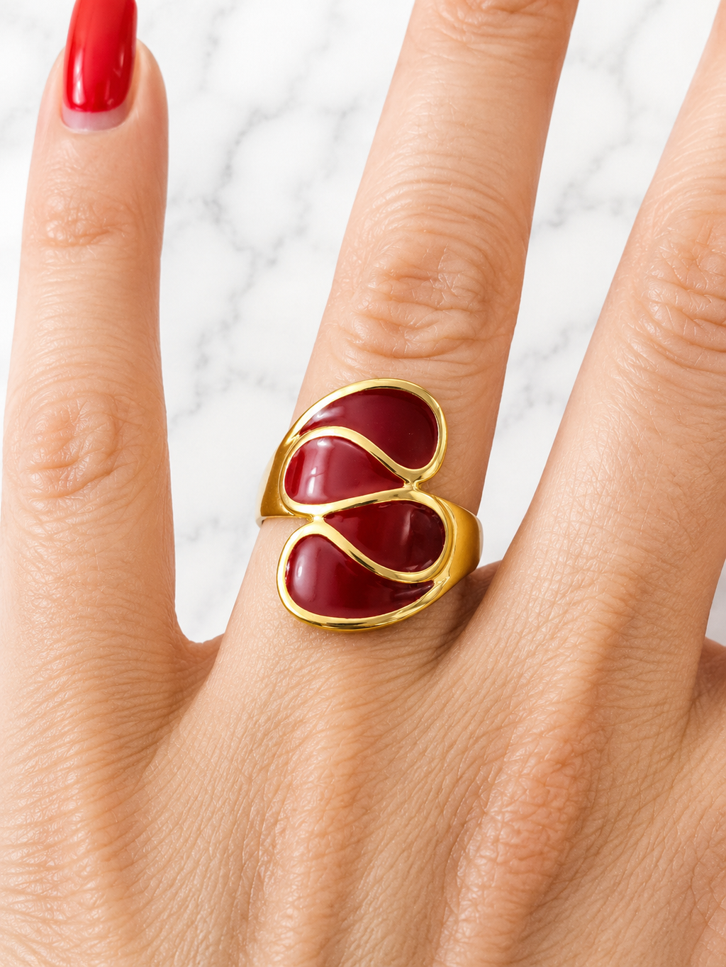 Anello aperto asimmetrico geometrico acciaio inossidabile dorato rosso