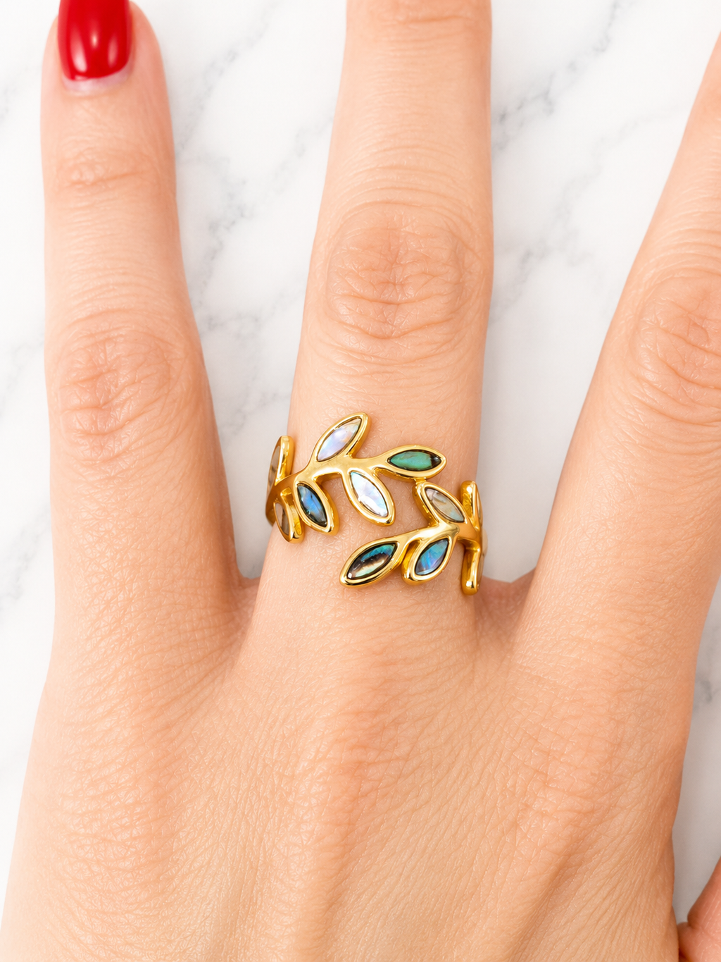 Anello regolabile in acciaio inossidabile smaltato con foglie, anello aperto