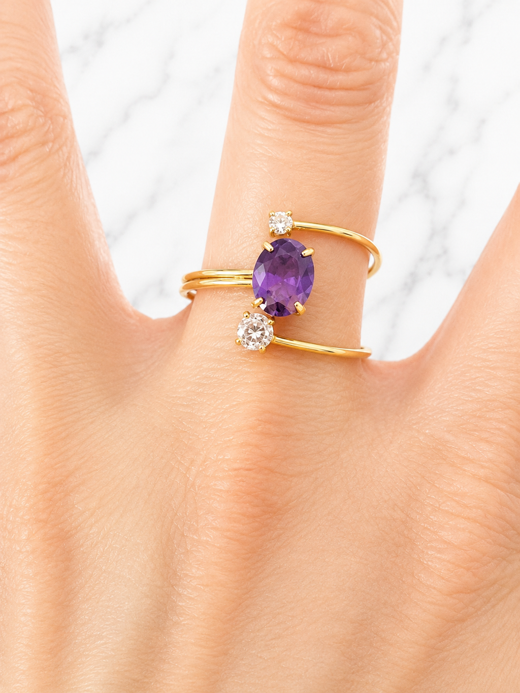 Anello regolabile acciaio inossidabile zircone viola asimmetrico