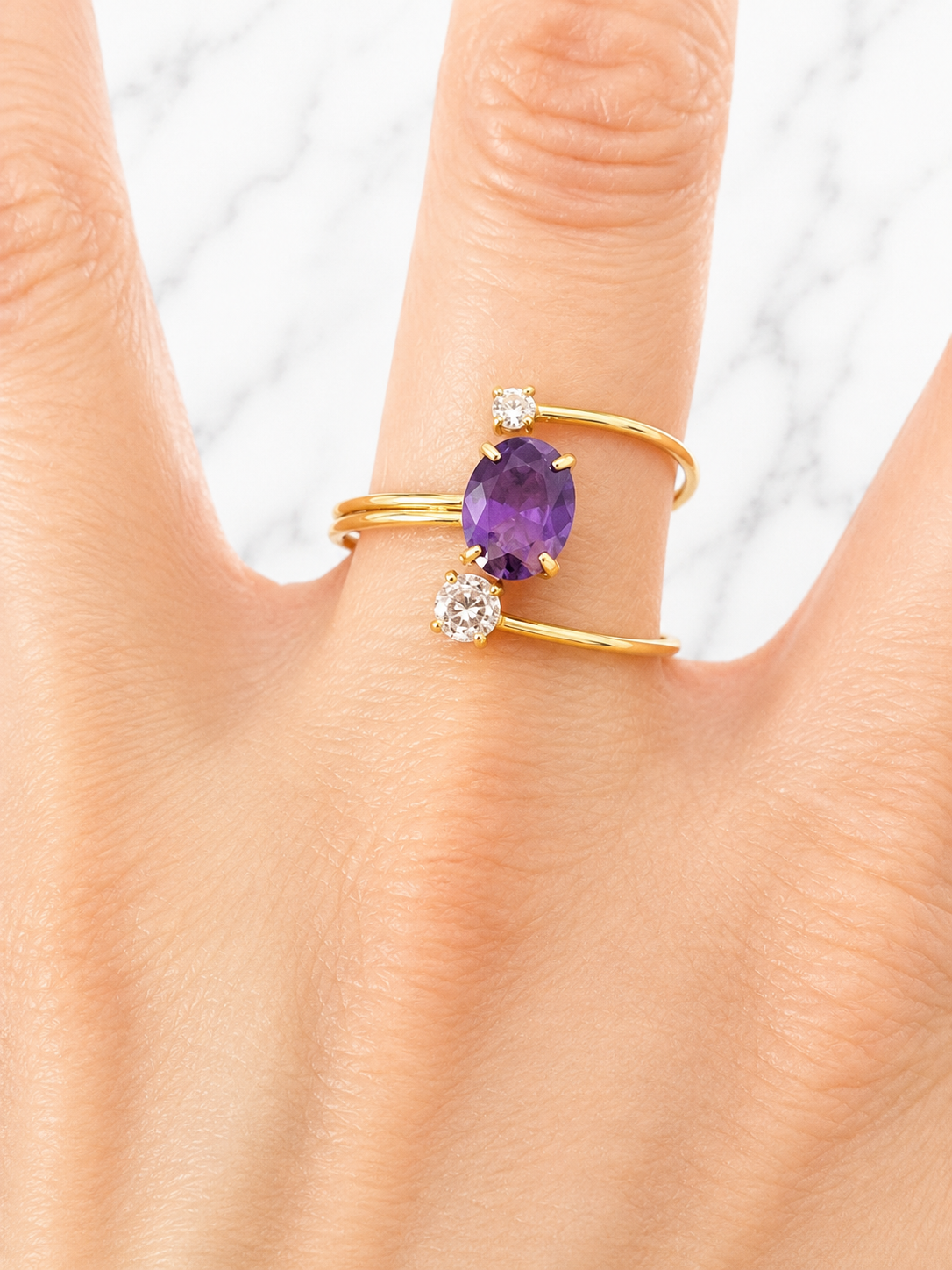 Anello regolabile acciaio inossidabile zircone viola asimmetrico