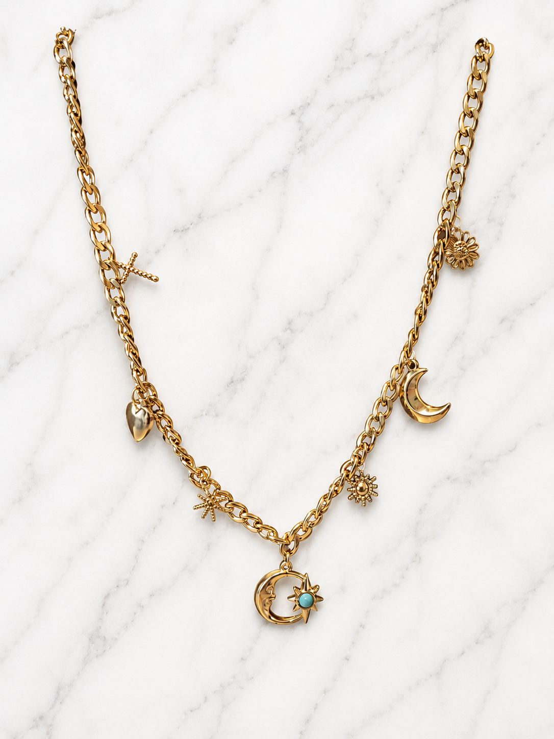 Collana acciaio inossidabile dorato ciondolo sole luna croce cuore