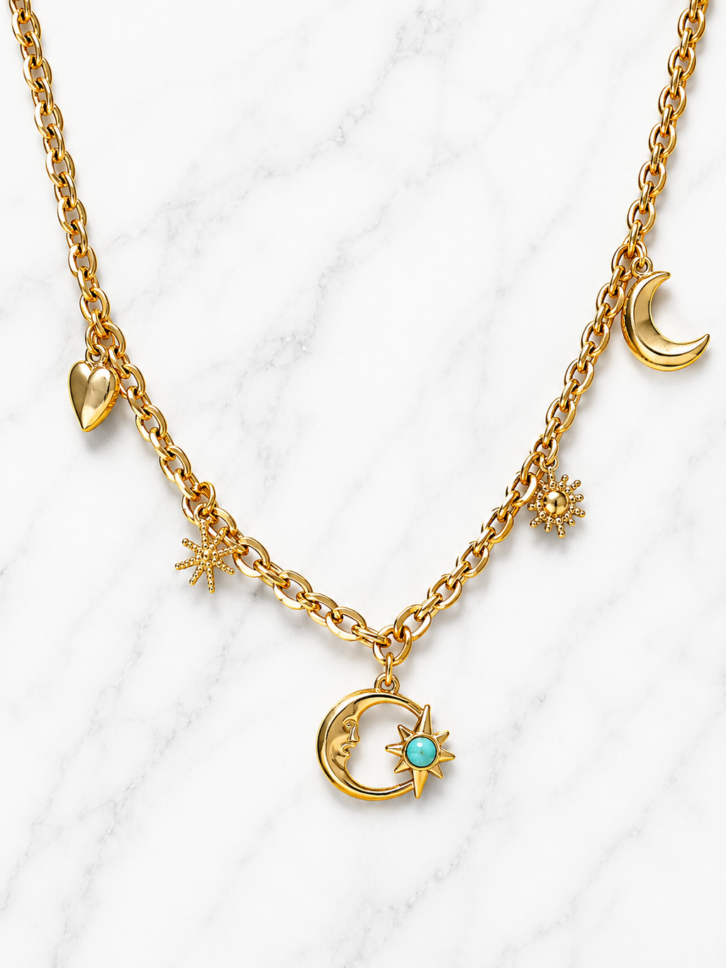 Collana acciaio inossidabile dorato ciondolo sole luna croce cuore