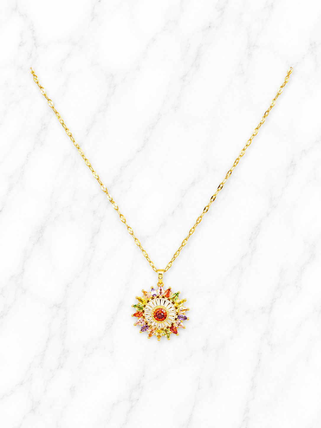 Collana in acciaio inossidabile dorato, a forma di fiore con pietre multicolori in zircone