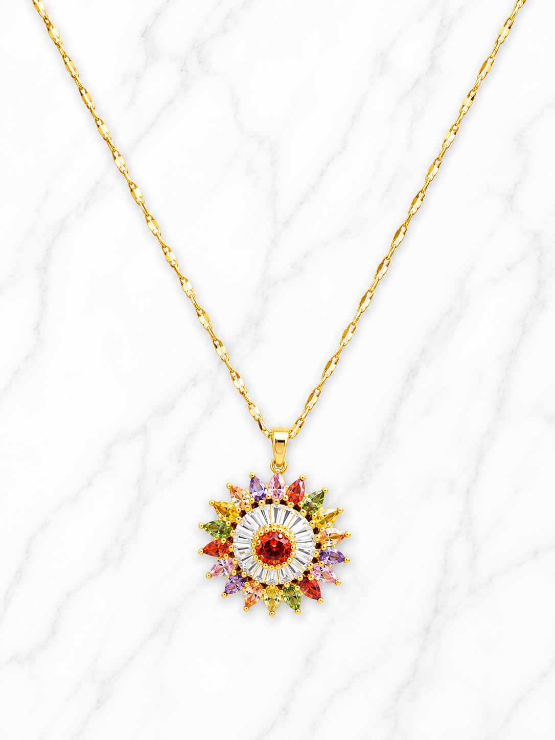 Collana in acciaio inossidabile dorato, a forma di fiore con pietre multicolori in zircone