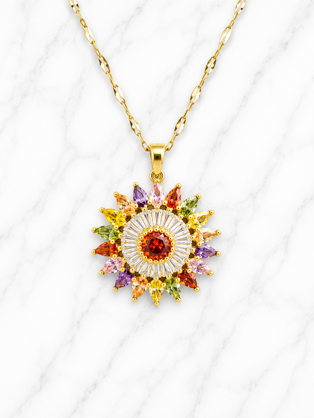 Collana in acciaio inossidabile dorato, a forma di fiore con pietre multicolori in zircone
