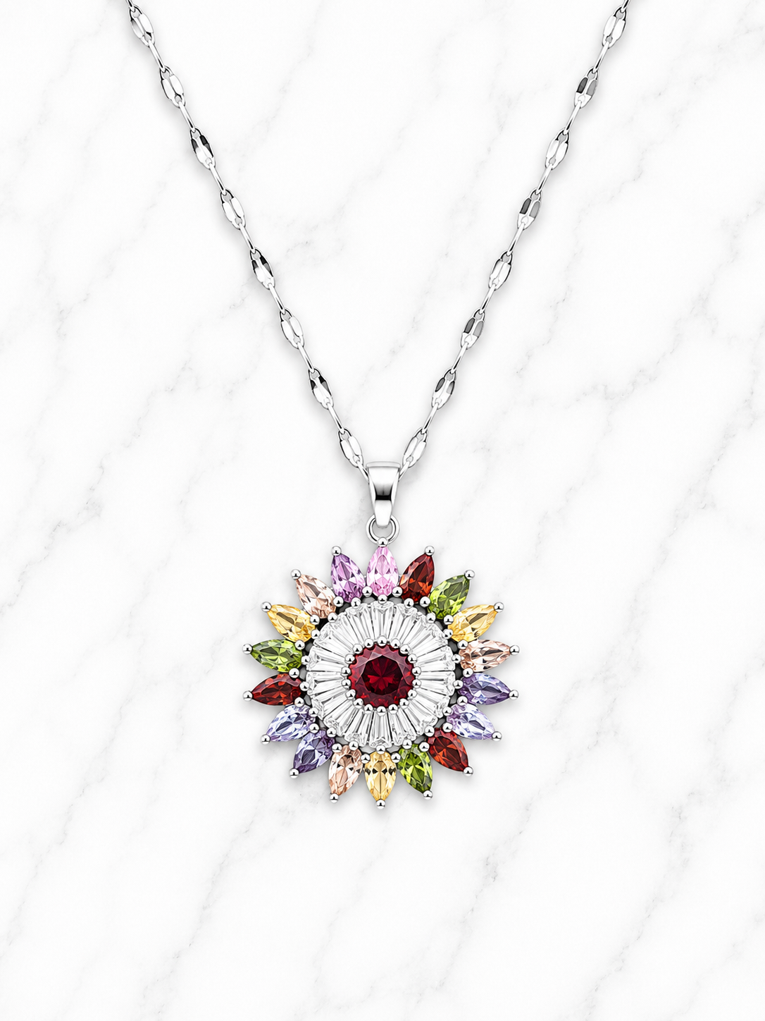 Collana in acciaio inossidabile argentato a forma di fiore con pietre di zirconi multicolori