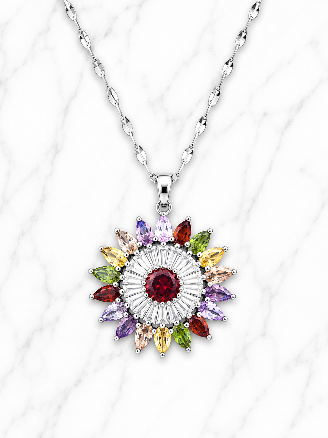 Collana in acciaio inossidabile argentato a forma di fiore con pietre di zirconi multicolori
