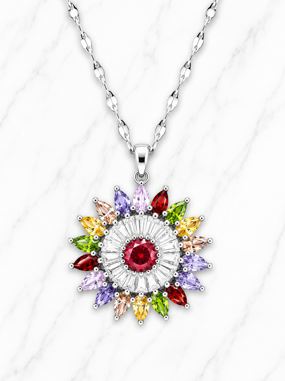 Collana in acciaio inossidabile argentato a forma di fiore con pietre di zirconi multicolori
