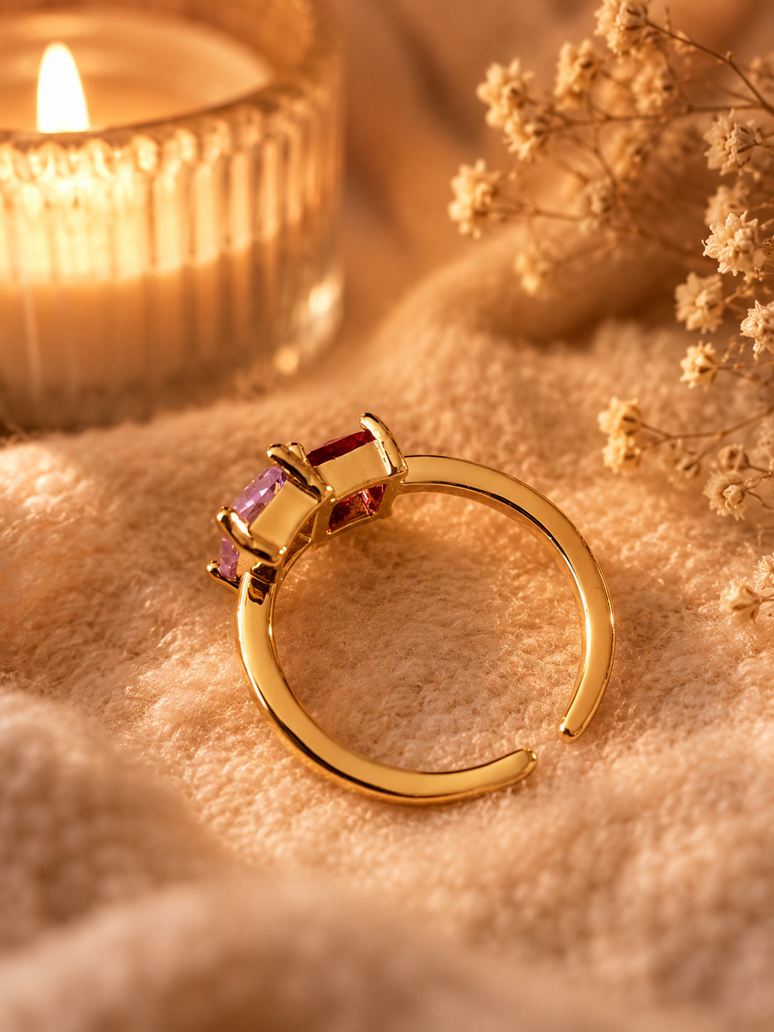 Bague Carrée Deux Zircons Roses en Acier Inoxydable Doré – Élégante & Raffinée