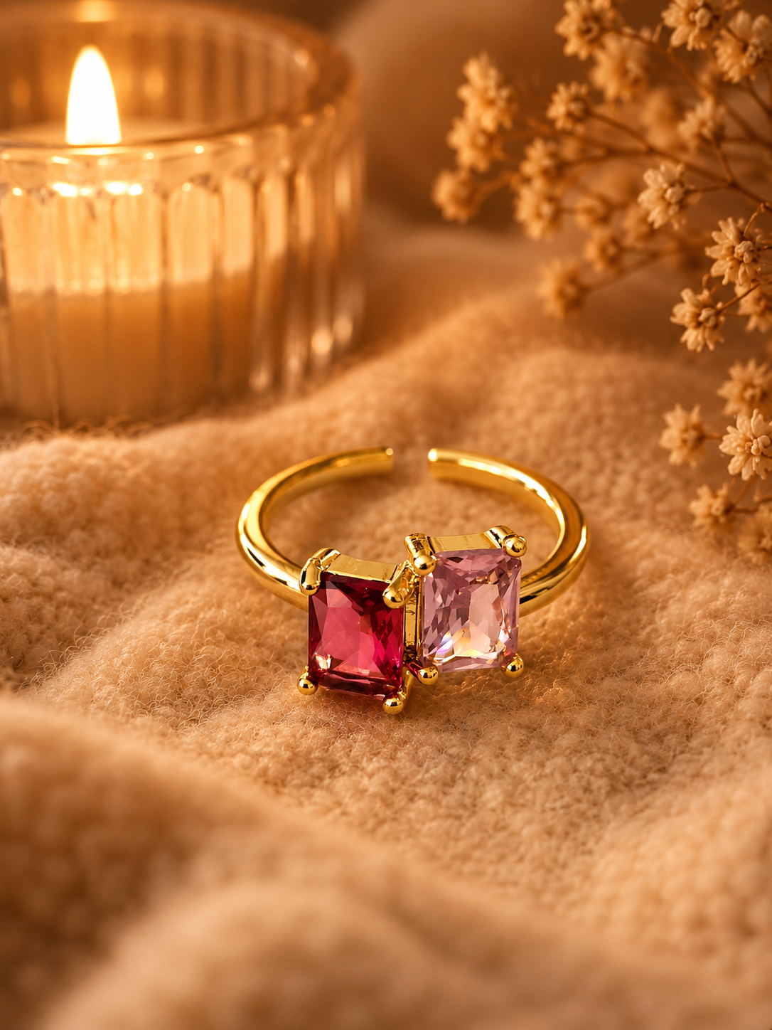 Bague Carrée Deux Zircons Roses en Acier Inoxydable Doré – Élégante & Raffinée