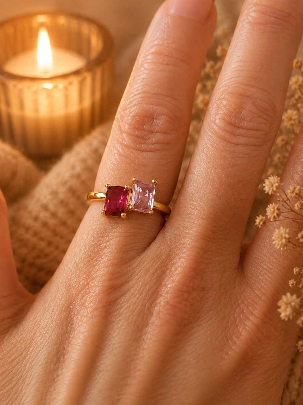 Bague Carrée Deux Zircons Roses en Acier Inoxydable Doré – Élégante & Raffinée