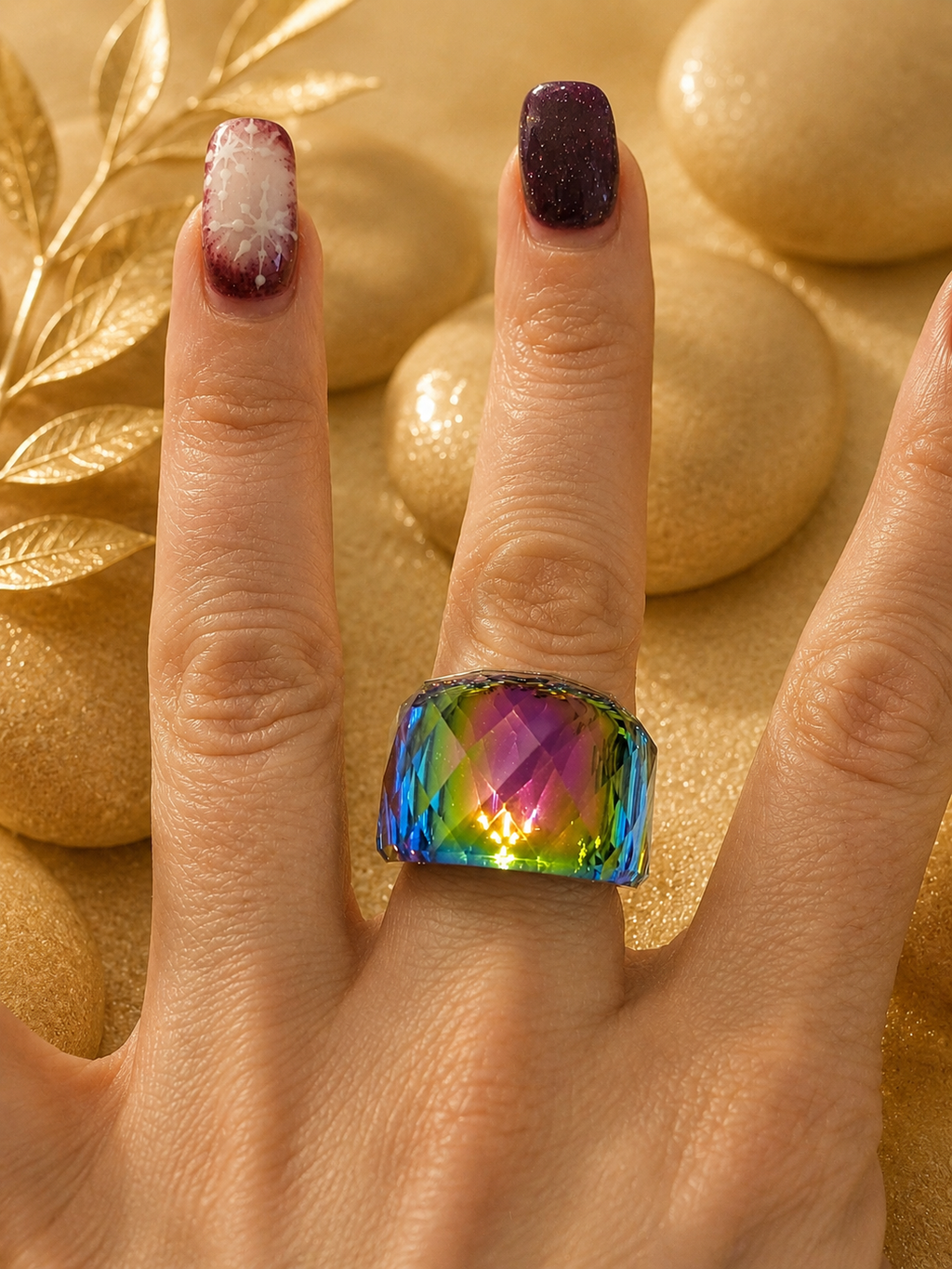 Anello in acciaio inossidabile dorato con cristallo arcobaleno taglia 8