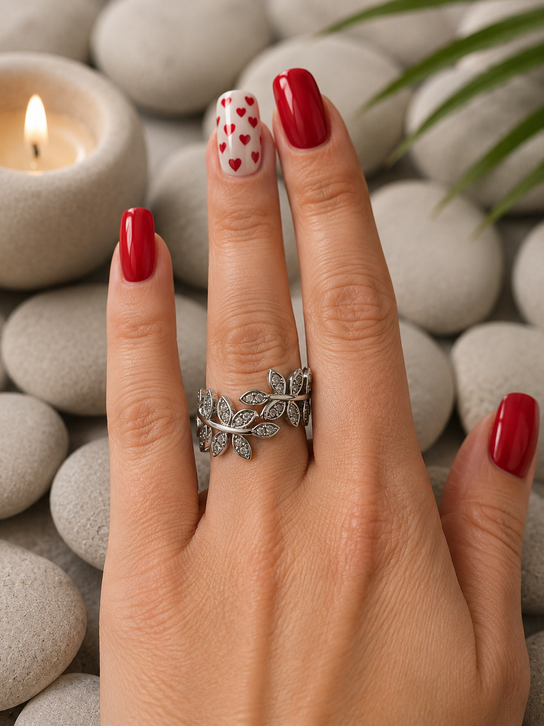 Bague Ajustable Feuilles en Strass Argentée – Acier Inoxydable – Élégante & Brillante