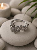Bague Ajustable Feuilles en Strass Argentée – Acier Inoxydable – Élégante & Brillante