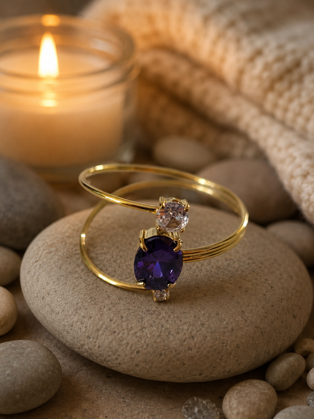 Anello regolabile acciaio inossidabile zircone viola asimmetrico