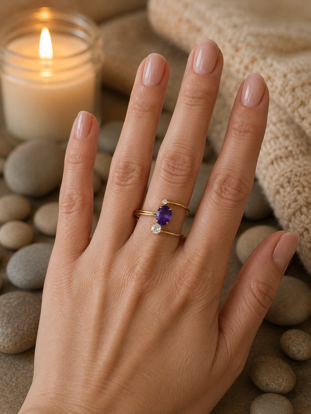 Anello regolabile acciaio inossidabile zircone viola asimmetrico