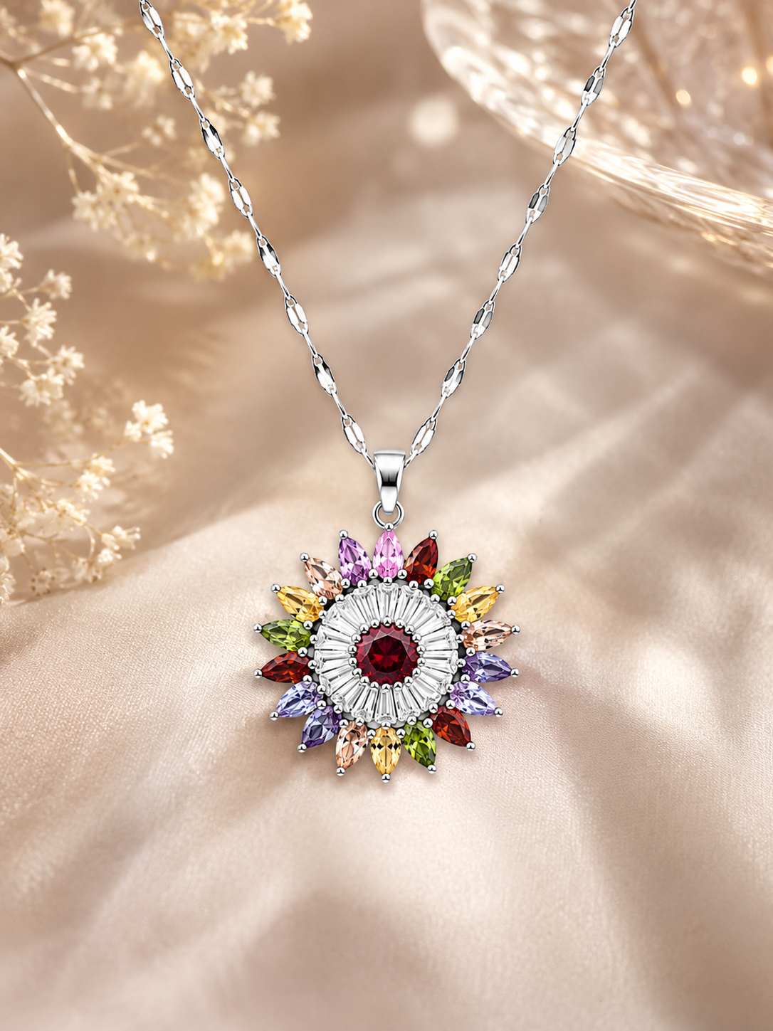 Collier Fleur Multicolore en Acier Inoxydable Argenté – Pendentif Zircons Colorés