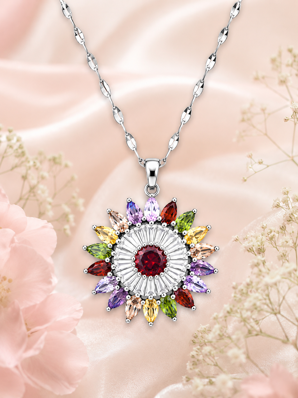 Collier Fleur Multicolore en Acier Inoxydable Argenté – Pendentif Zircons Colorés