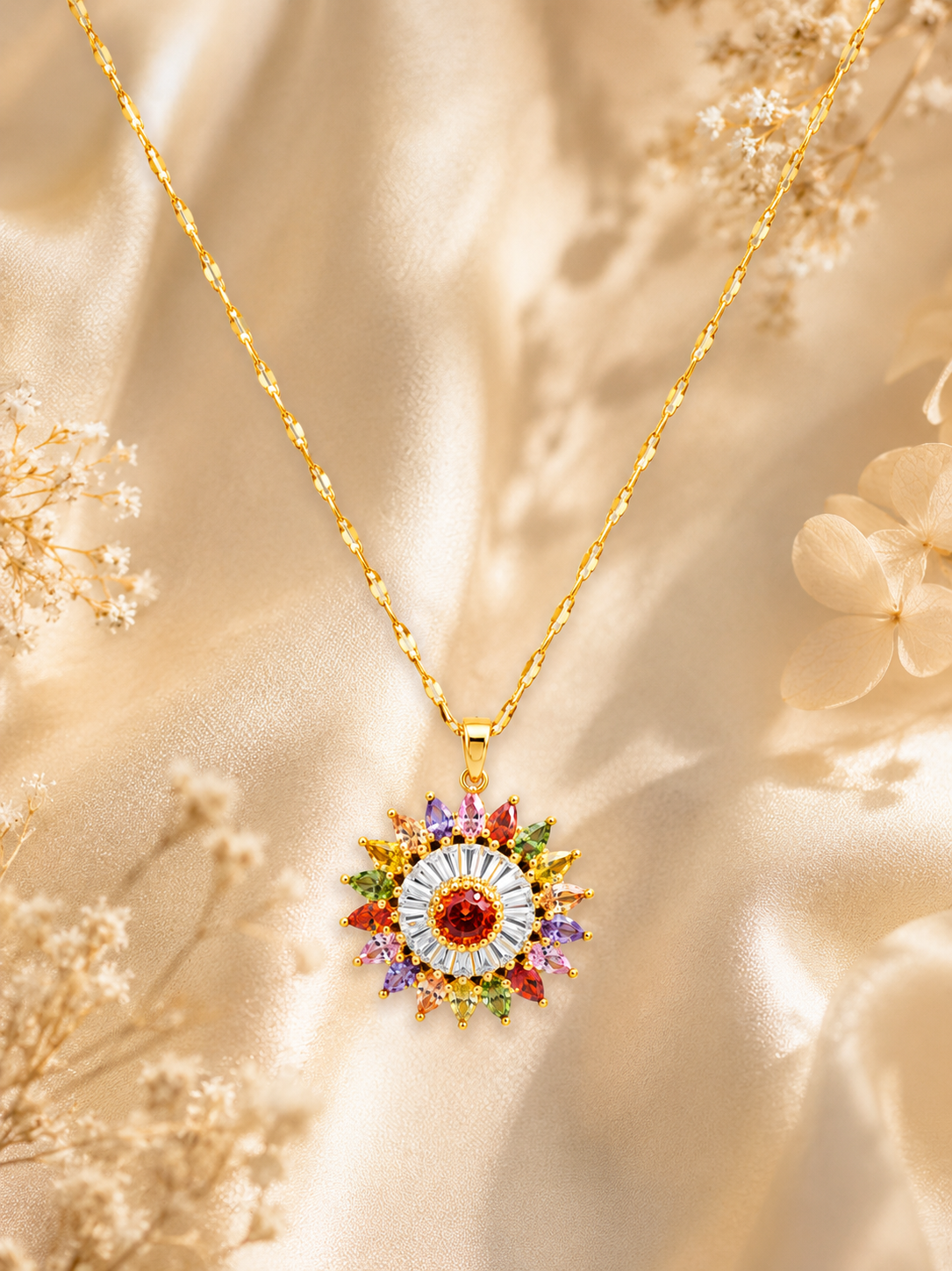 Collier Fleur Multicolore en Acier Inoxydable Doré – Pendentif Zircons Colorés