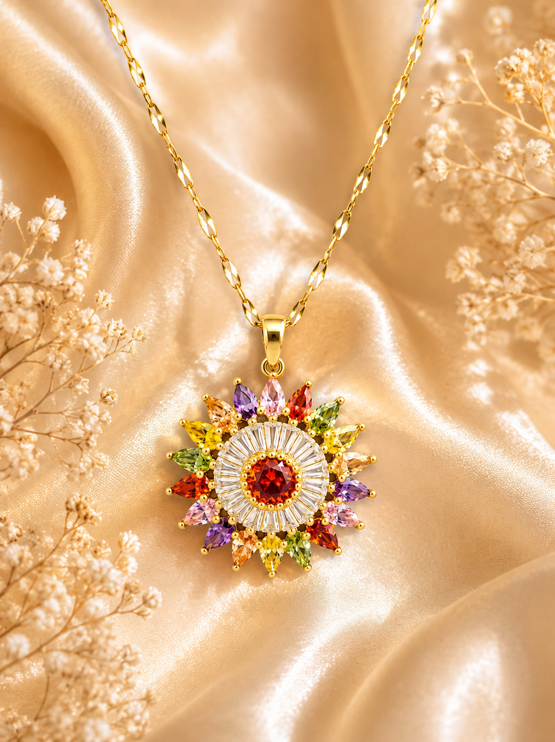 Collier Fleur Multicolore en Acier Inoxydable Doré – Pendentif Zircons Colorés