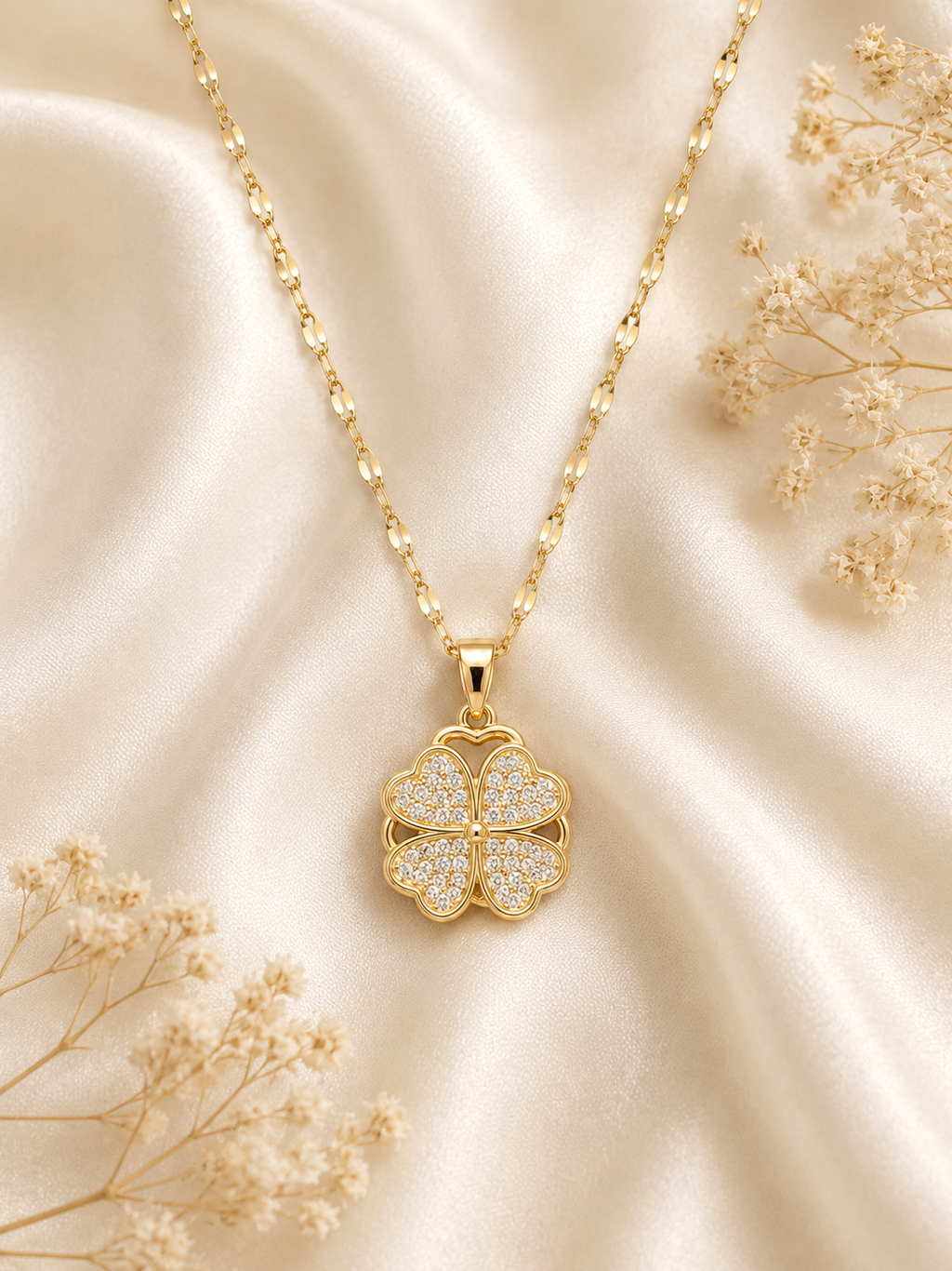 Collier Trèfle à 4 Feuilles Rotatif en Acier Inoxydable Doré – Porte-Bonheur