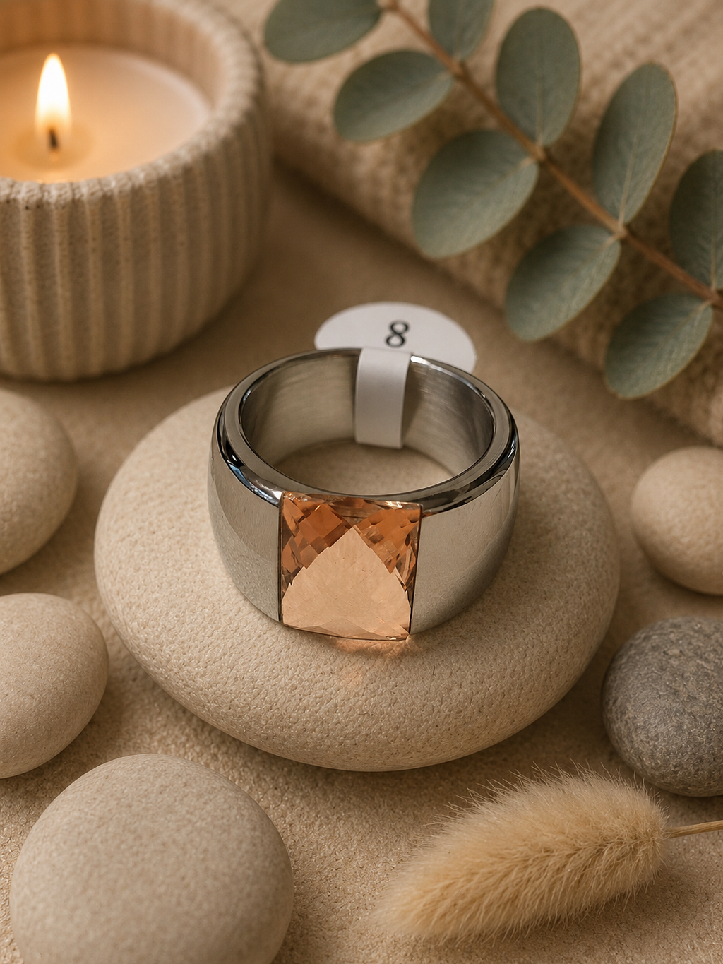 Bague Argentée avec Pierre Rose en Acier Inoxydable – Taille 57 – Élégante & Romantique