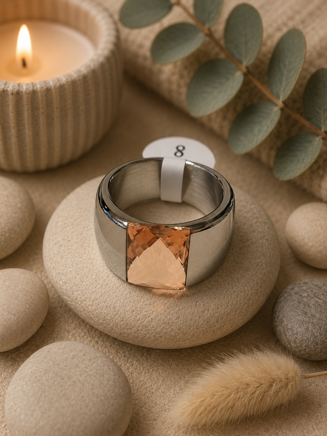 Bague Argentée avec Pierre Rose en Acier Inoxydable – Taille 57 – Élégante & Romantique