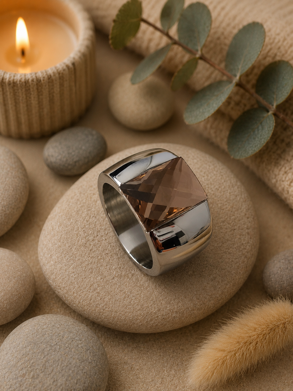 Bague Argentée avec Pierre Rose en Acier Inoxydable – Taille 57 – Élégante & Romantique