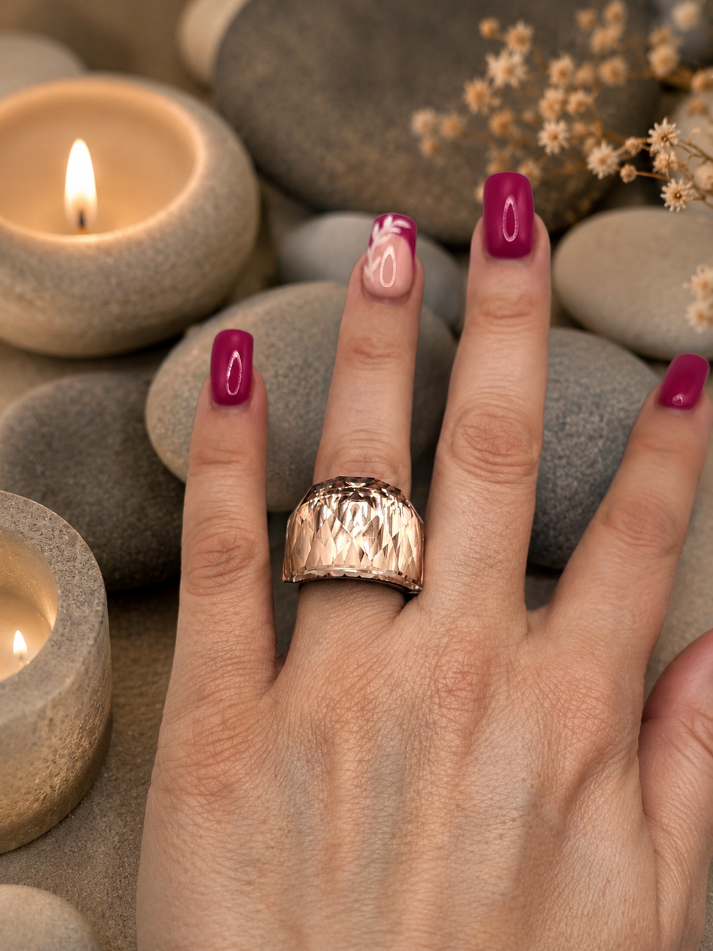 Bague en acier inoxydable argentée avec cristal rose jaune – Taille 57 | Bagatelle