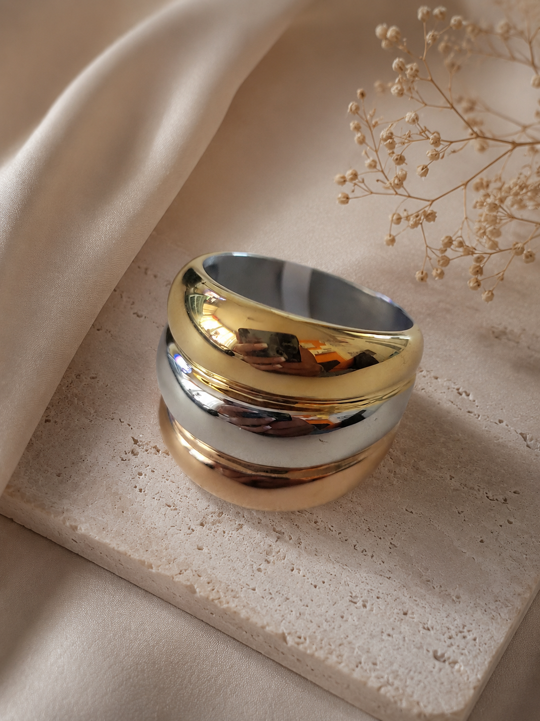 Bague Acier Inoxydable Bicolore Argent & Doré Design Irrégulier – Taille 59/60