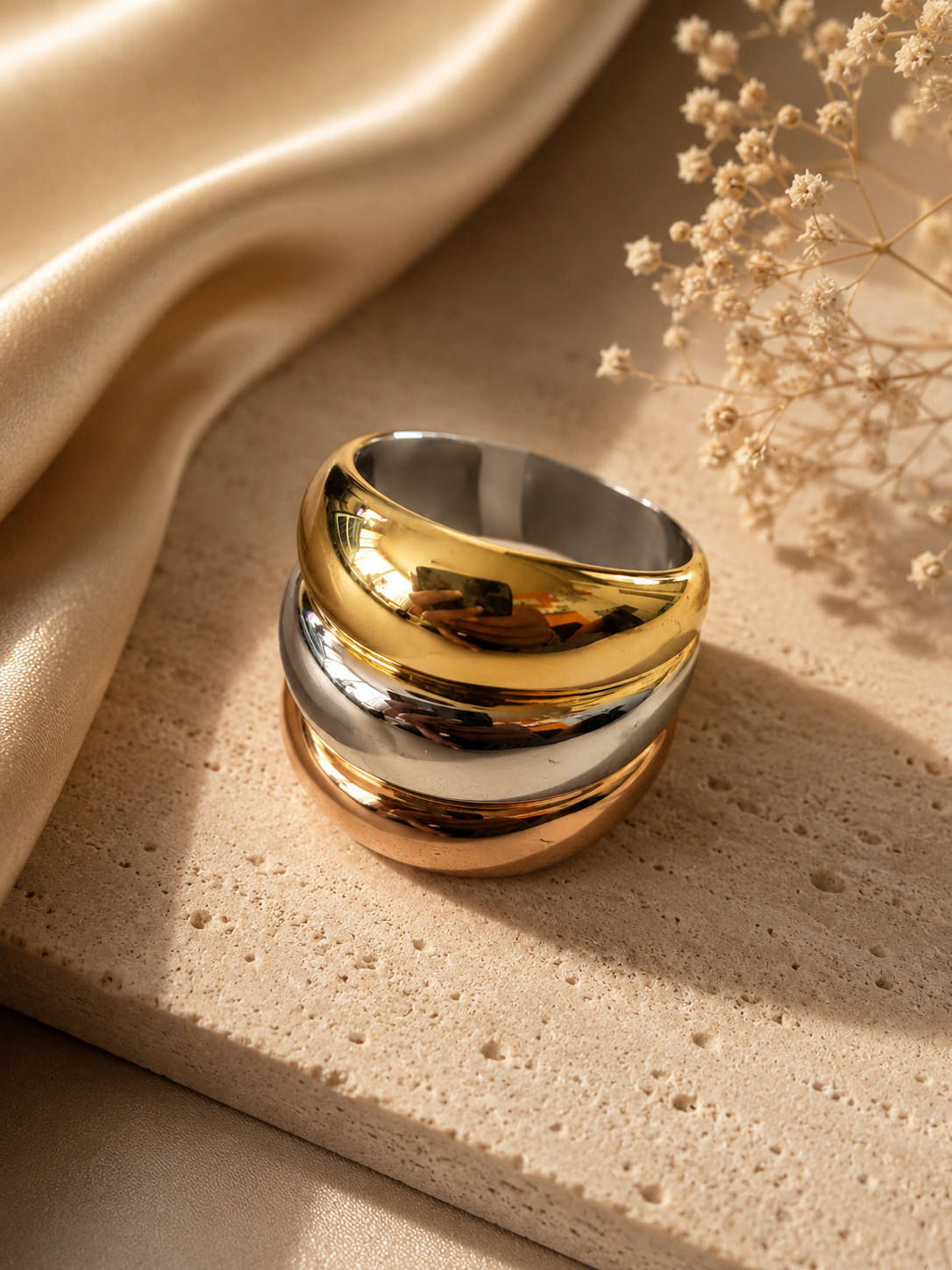 Bague Acier Inoxydable Bicolore Argent & Doré Design Irrégulier – Taille 59/60