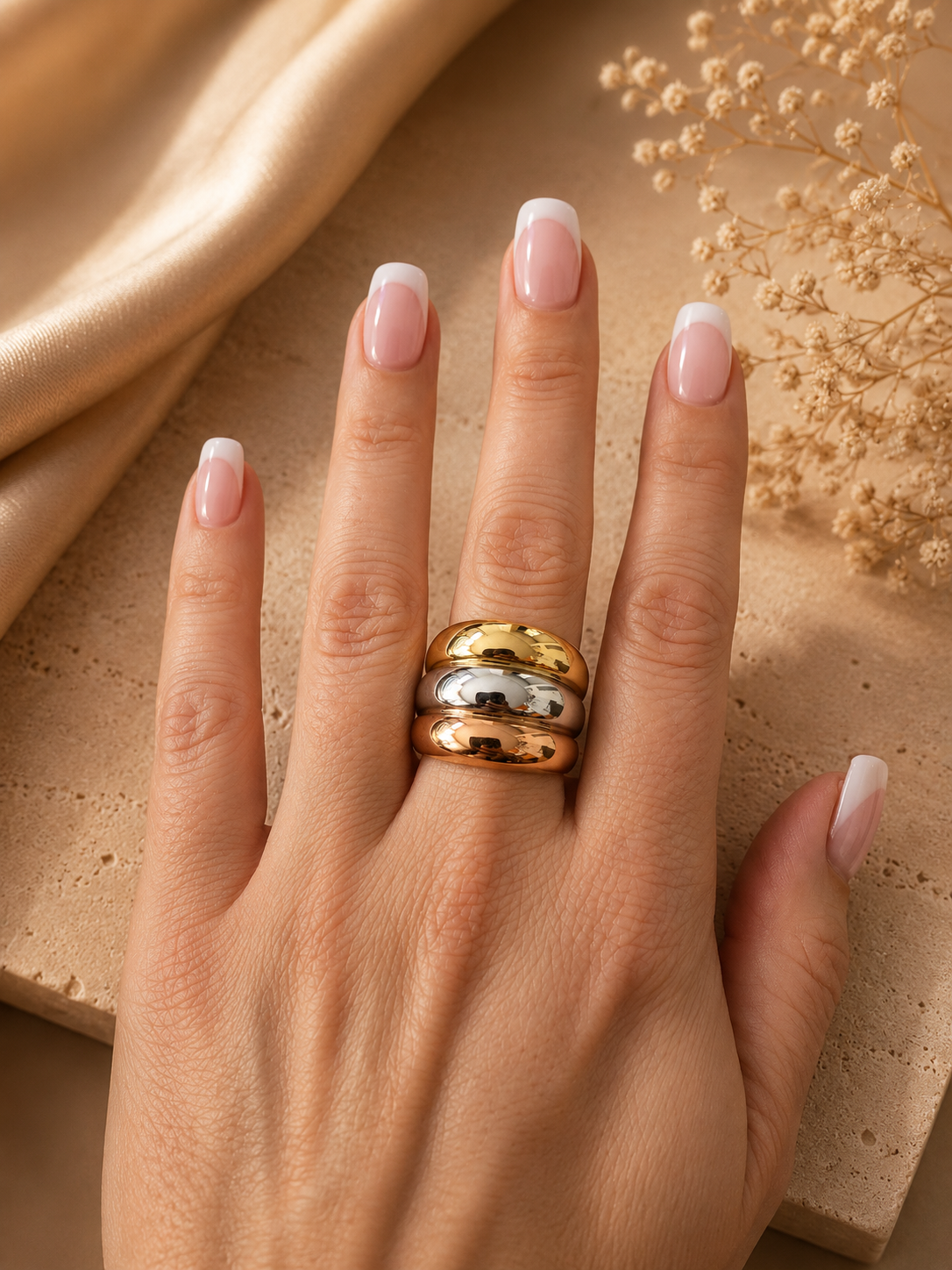 Bague Acier Inoxydable Bicolore Argent & Doré Design Irrégulier – Taille 59/60
