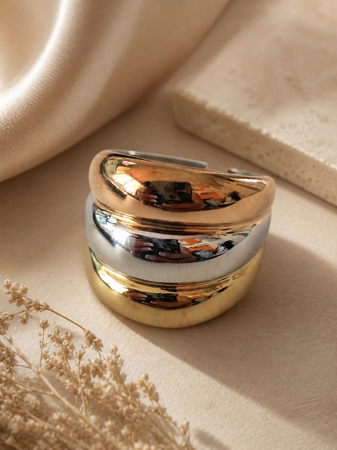 Bague Acier Inoxydable Argenté et Doré Design Irrégulier - Taille 10