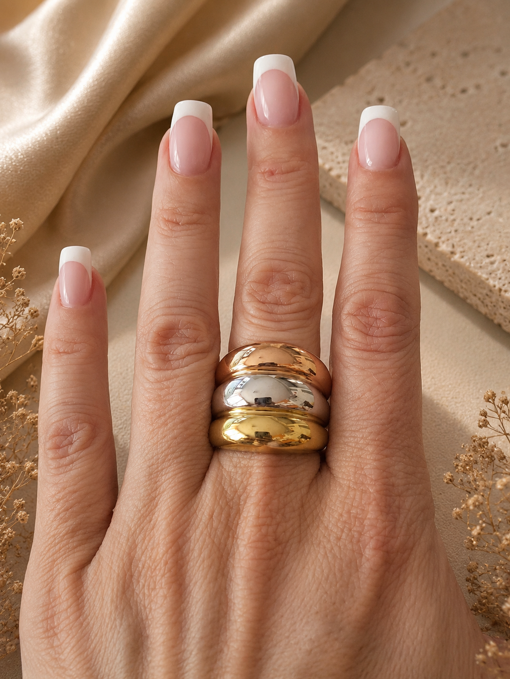 Bague Acier Inoxydable Argenté et Doré Design Irrégulier - Taille 10