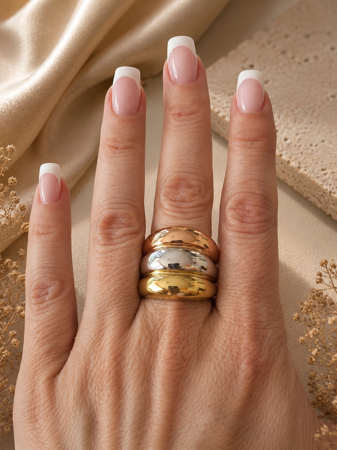 Bague Acier Inoxydable Argenté et Doré Design Irrégulier - Taille 10