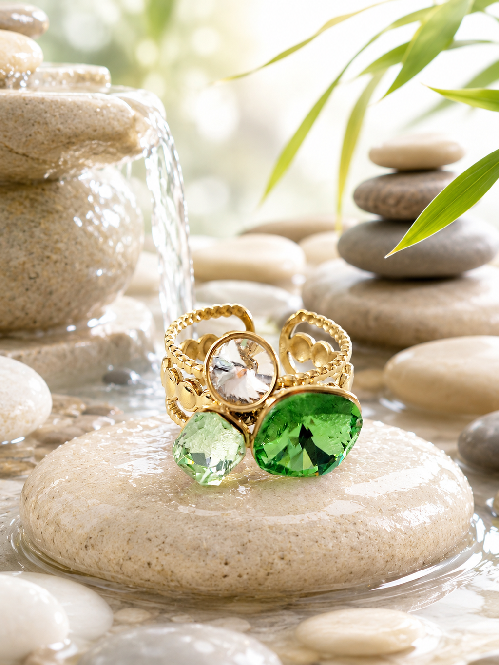 Bague Ajustable en Acier Inoxydable avec Cristal Vert Clair
