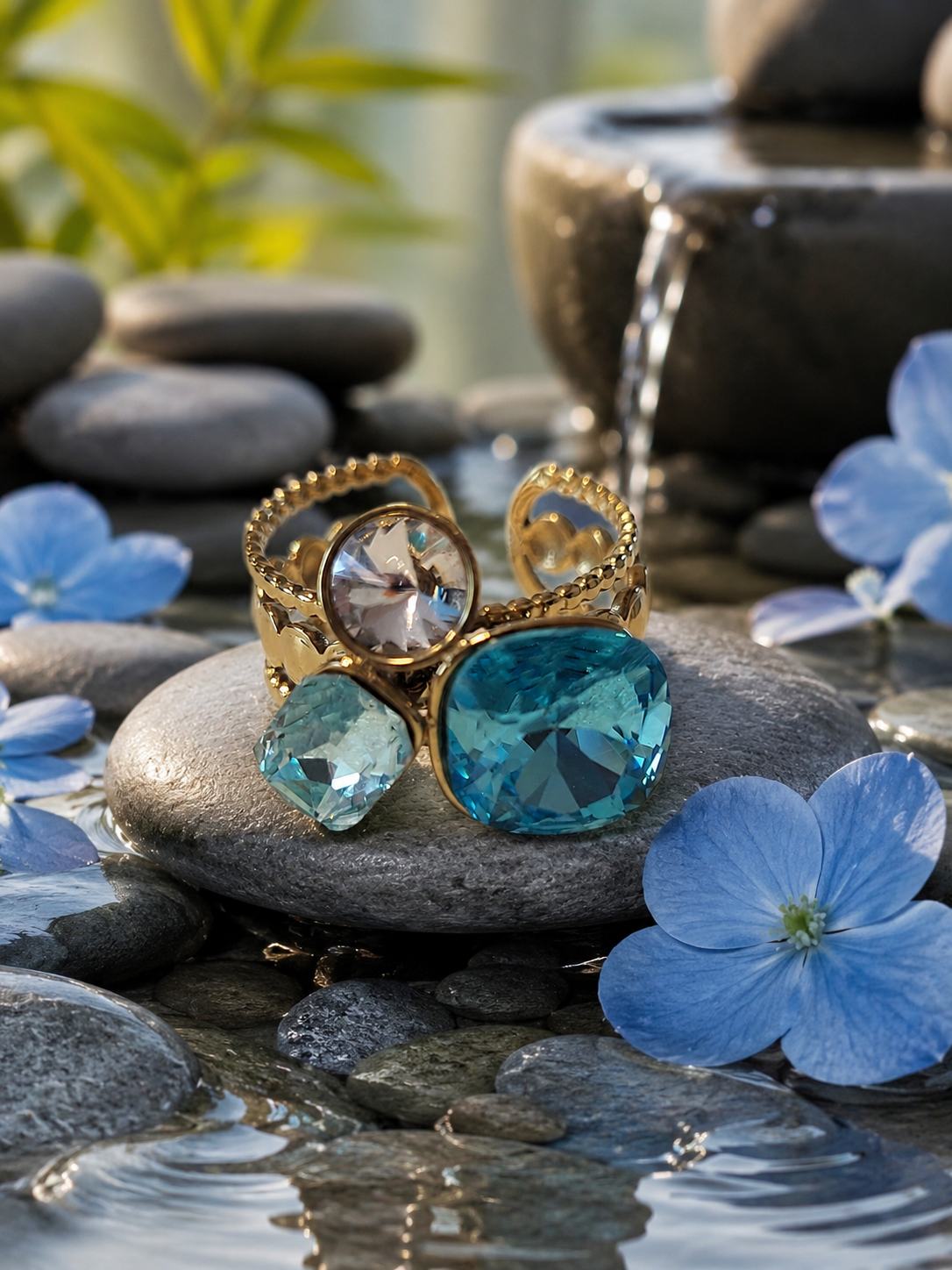 Anello regolabile con strass e cristallo azzurro