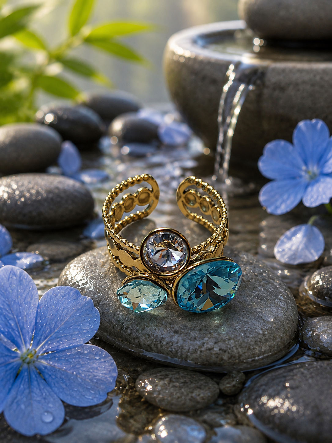 Anello regolabile con strass e cristallo azzurro