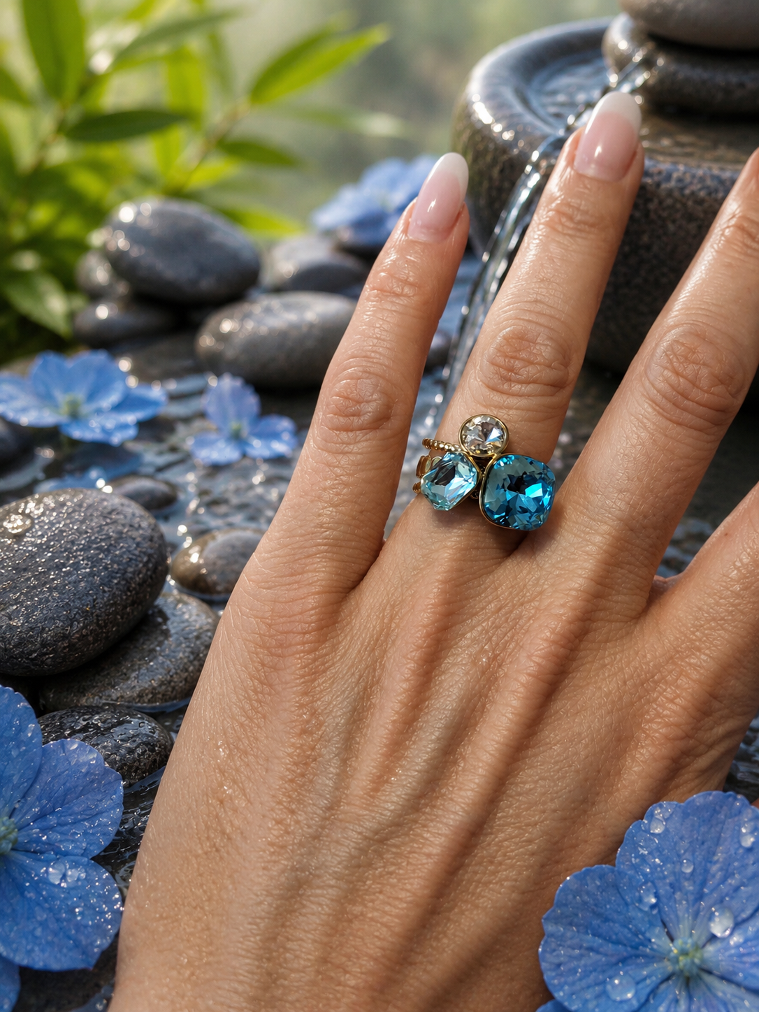 Anello regolabile con strass e cristallo azzurro