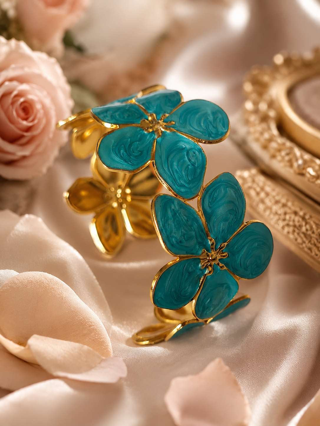 Bracelet Jonc en Acier Inoxydable doré Fleurs Turquoise