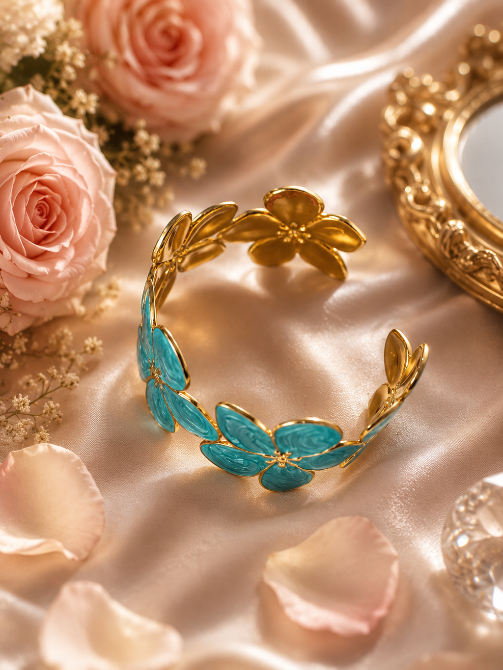 Bracelet Jonc en Acier Inoxydable doré Fleurs Turquoise