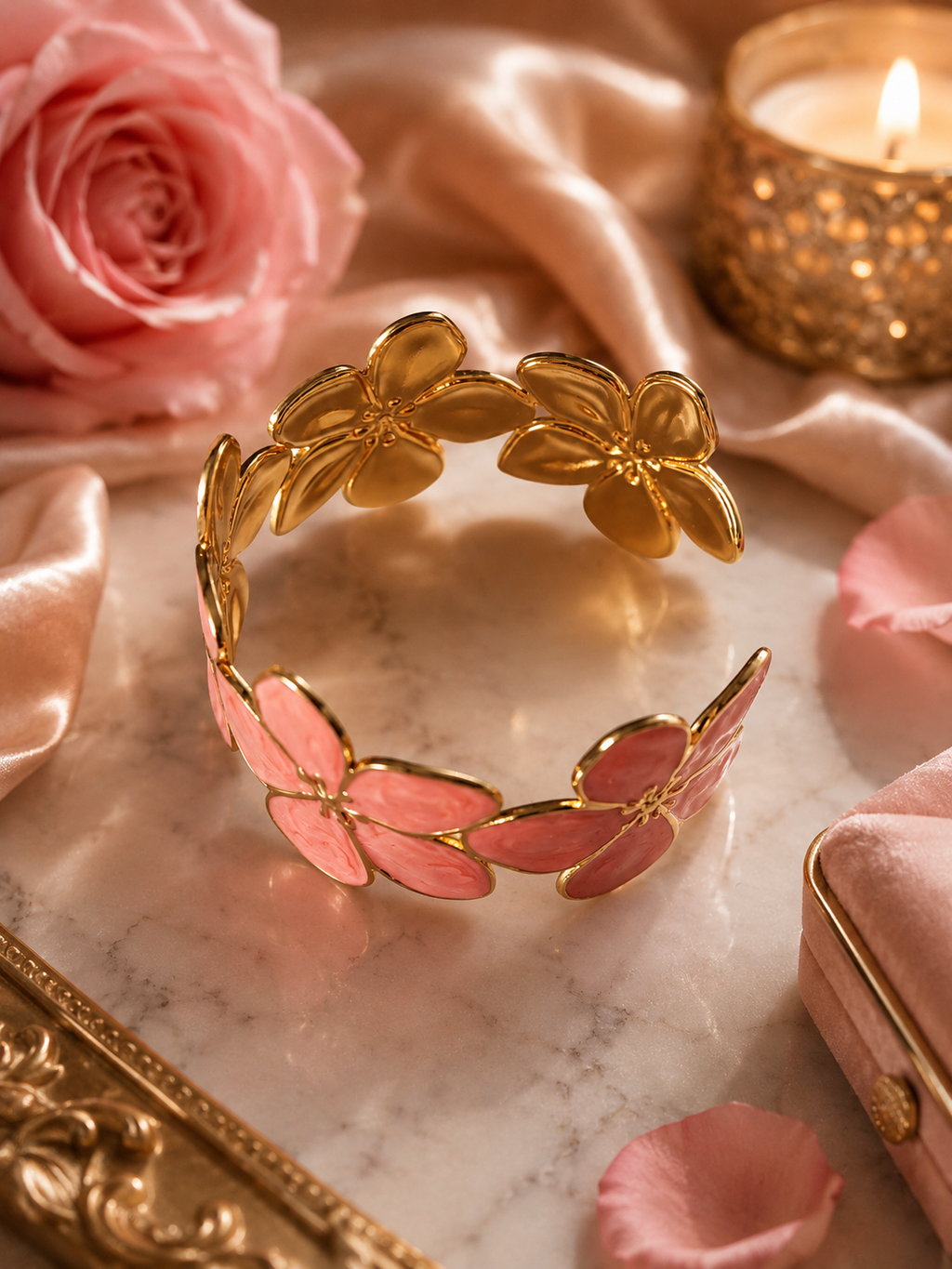 Bracelet Jonc en Acier Inoxydable Doré Fleurs Corail