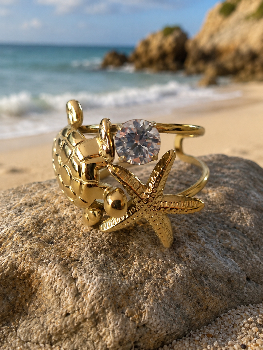 Bague en Acier Inoxydable Doré Tortue et Étoiles de Mer