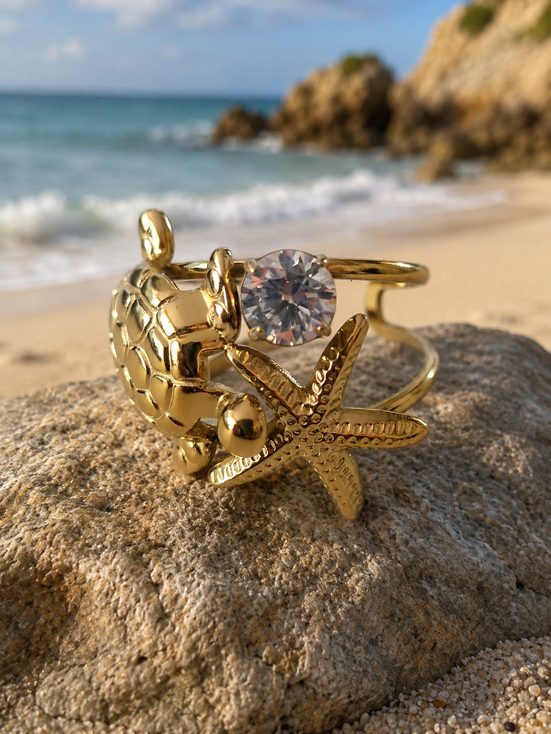 Bague en Acier Inoxydable Doré Tortue et Étoiles de Mer