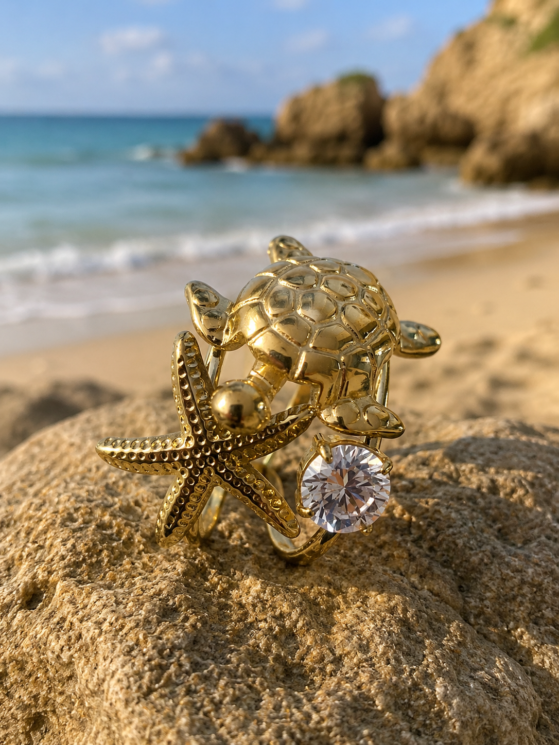 Bague en Acier Inoxydable Doré Tortue et Étoiles de Mer