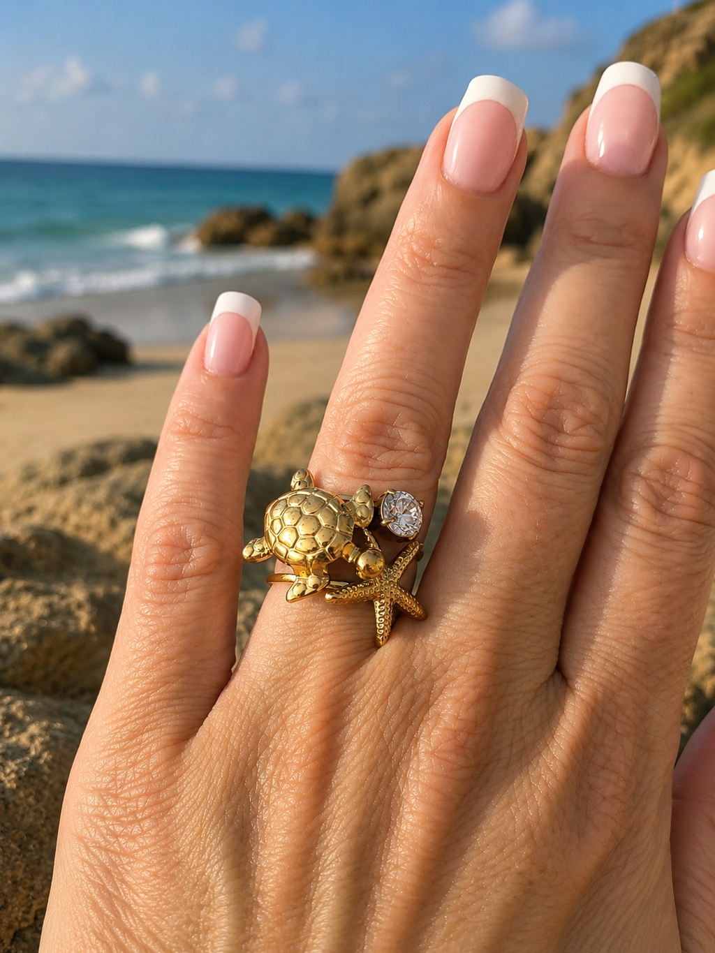 Bague en Acier Inoxydable Doré Tortue et Étoiles de Mer