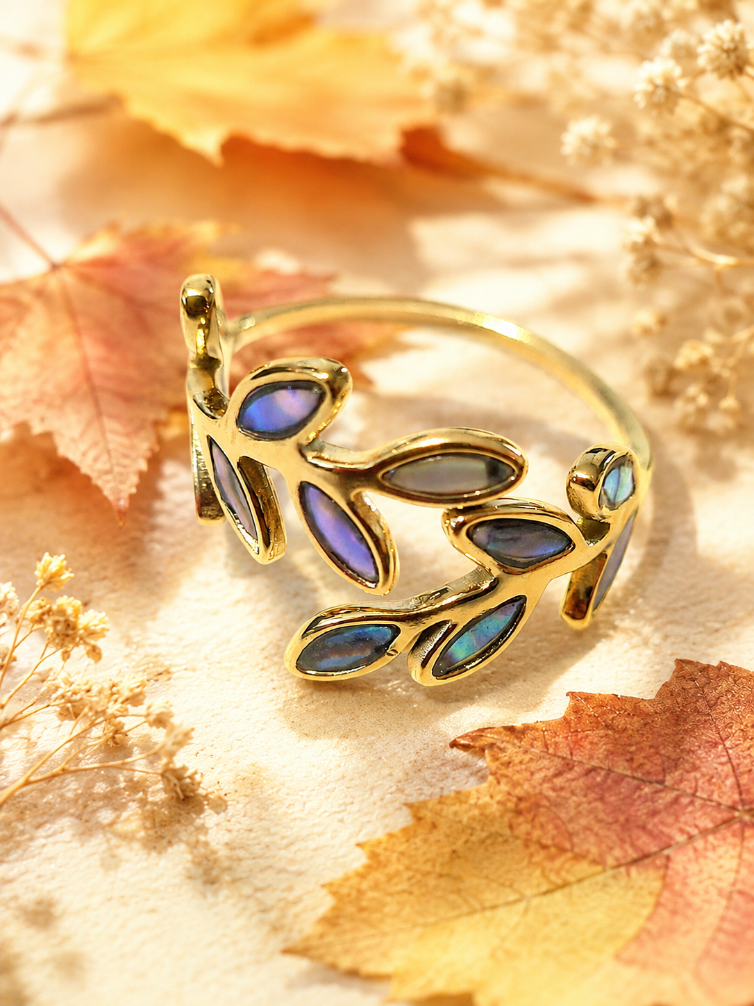 Bague Ajustable Feuilles Émaillées en Acier Inoxydable Doré – Élégante & Nature