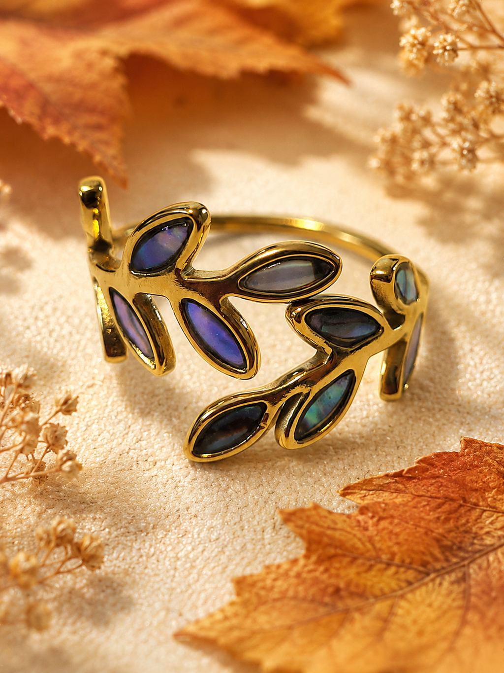 Bague Ajustable Feuilles Émaillées en Acier Inoxydable Doré – Élégante & Nature